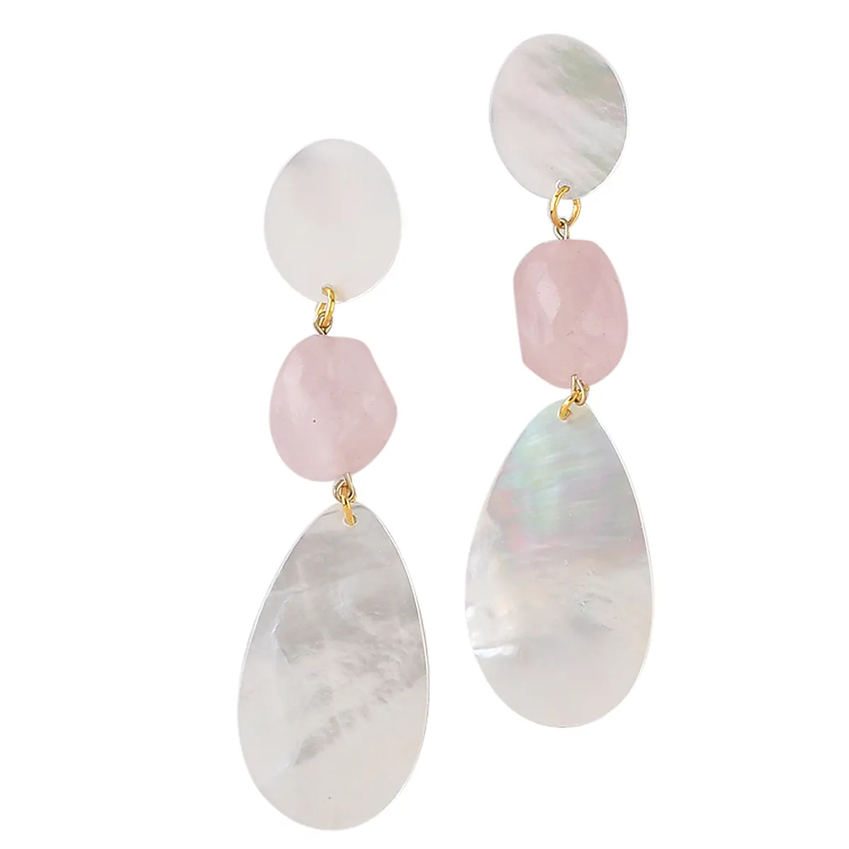 MOTHER-OF PEARL AND GENUINE ROSE QUARTZ DANGLE EARRINGS. PEARL WHITE/PINK