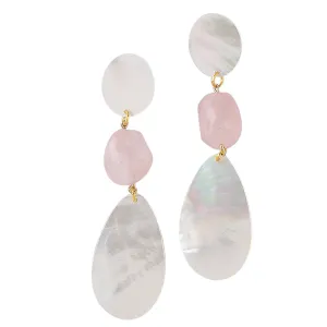 MOTHER-OF PEARL AND GENUINE ROSE QUARTZ DANGLE EARRINGS. PEARL WHITE/PINK