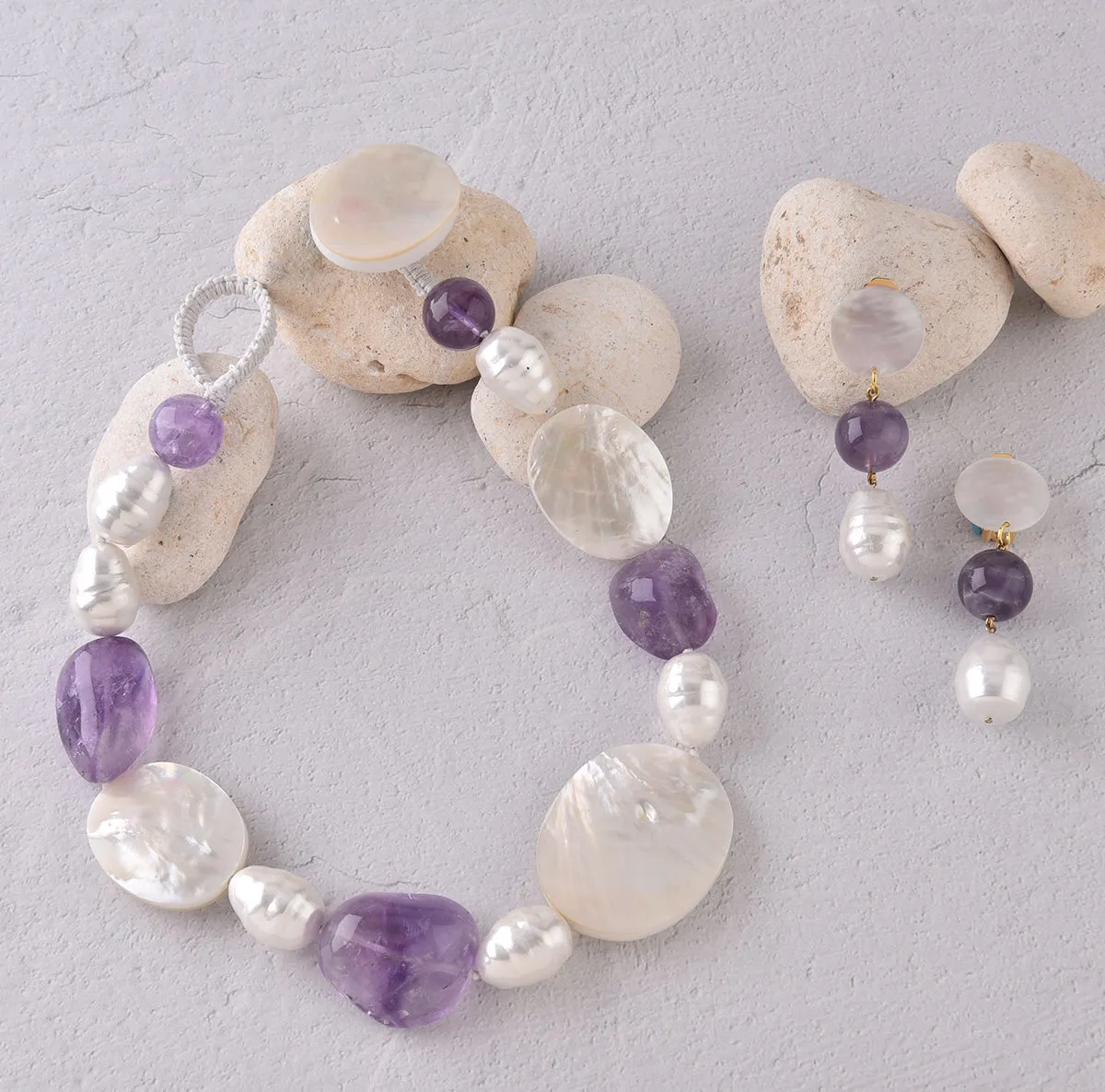 MOTHER-OF PEARL,AMETHYST AND OVERSIZED FAUX PEARL DANGLE EARRINGS. PEARL WHITE/PURPLE