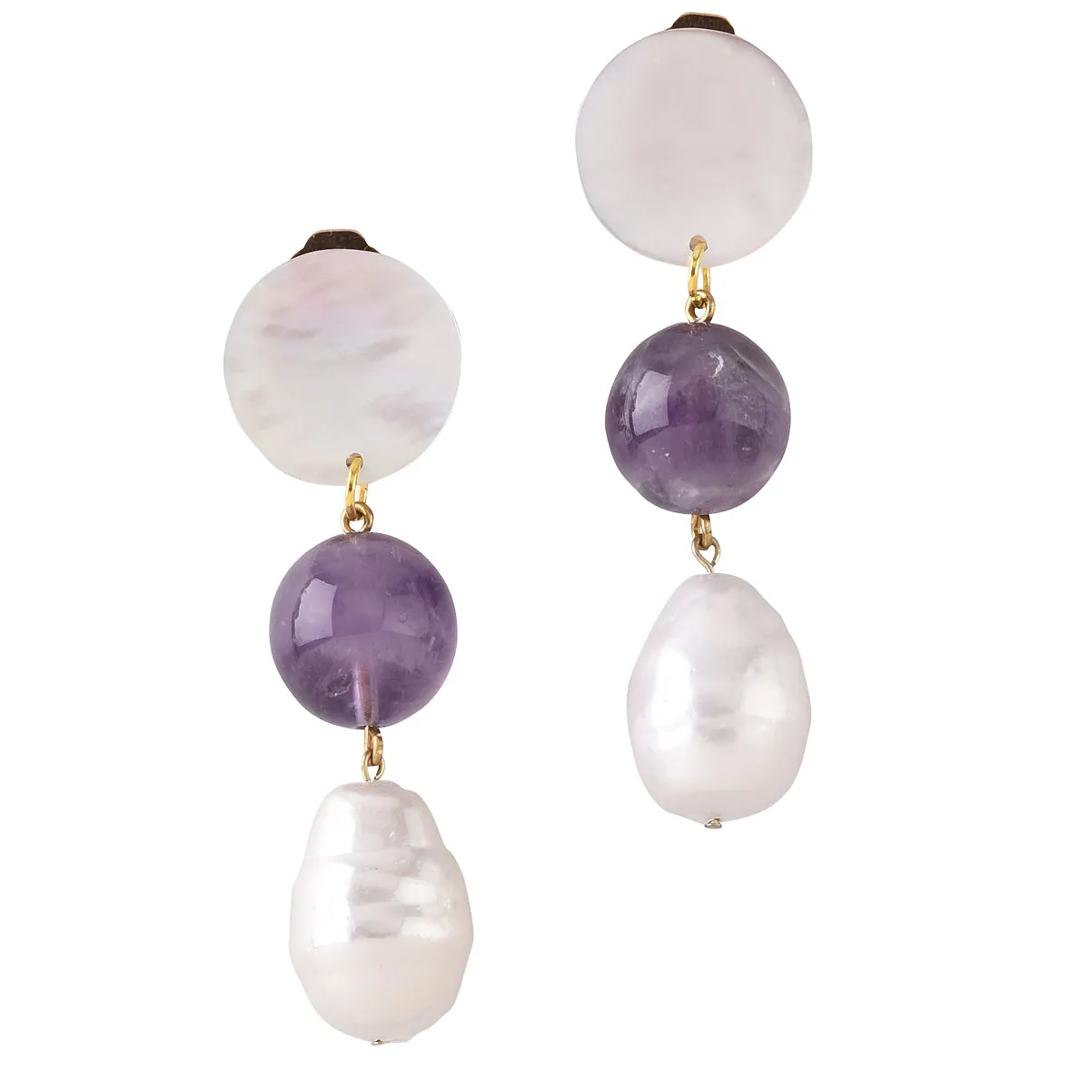 MOTHER-OF PEARL,AMETHYST AND OVERSIZED FAUX PEARL DANGLE EARRINGS. PEARL WHITE/PURPLE
