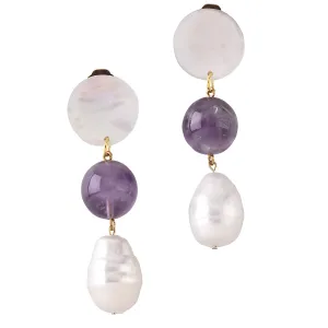 MOTHER-OF PEARL,AMETHYST AND OVERSIZED FAUX PEARL DANGLE EARRINGS. PEARL WHITE/PURPLE