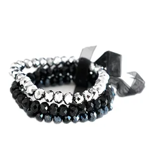MULTI COLOR SILVER AND BLACK AND GRAY JET SILVER MIXED GLASS CRYSTAL WITH BLACK BOW STRETCH BRACELET SET OF 3PCS  #HNB78261_SIL-BLK-HEM (TC4/B479)