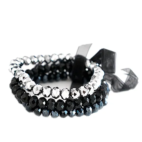 MULTI COLOR SILVER AND BLACK AND GRAY JET SILVER MIXED GLASS CRYSTAL WITH BLACK BOW STRETCH BRACELET SET OF 3PCS  #HNB78261_SIL-BLK-HEM (TC4/B479)