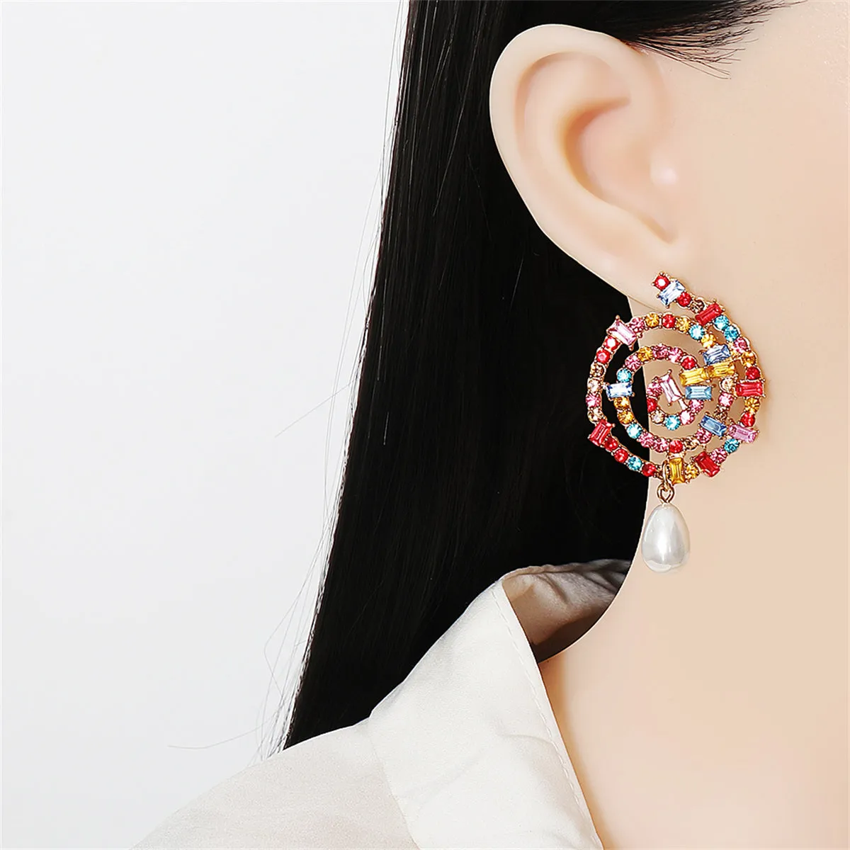 Multicolor Crystal & Cubic Zirconia Pearl Lollipop Drop Earrings