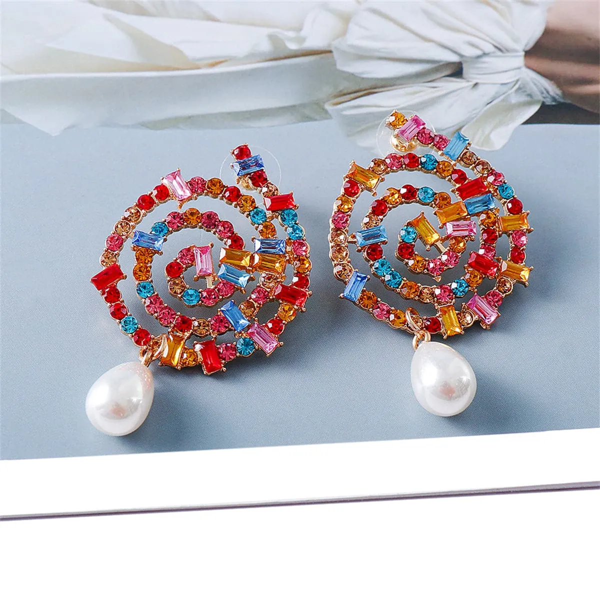 Multicolor Crystal & Cubic Zirconia Pearl Lollipop Drop Earrings