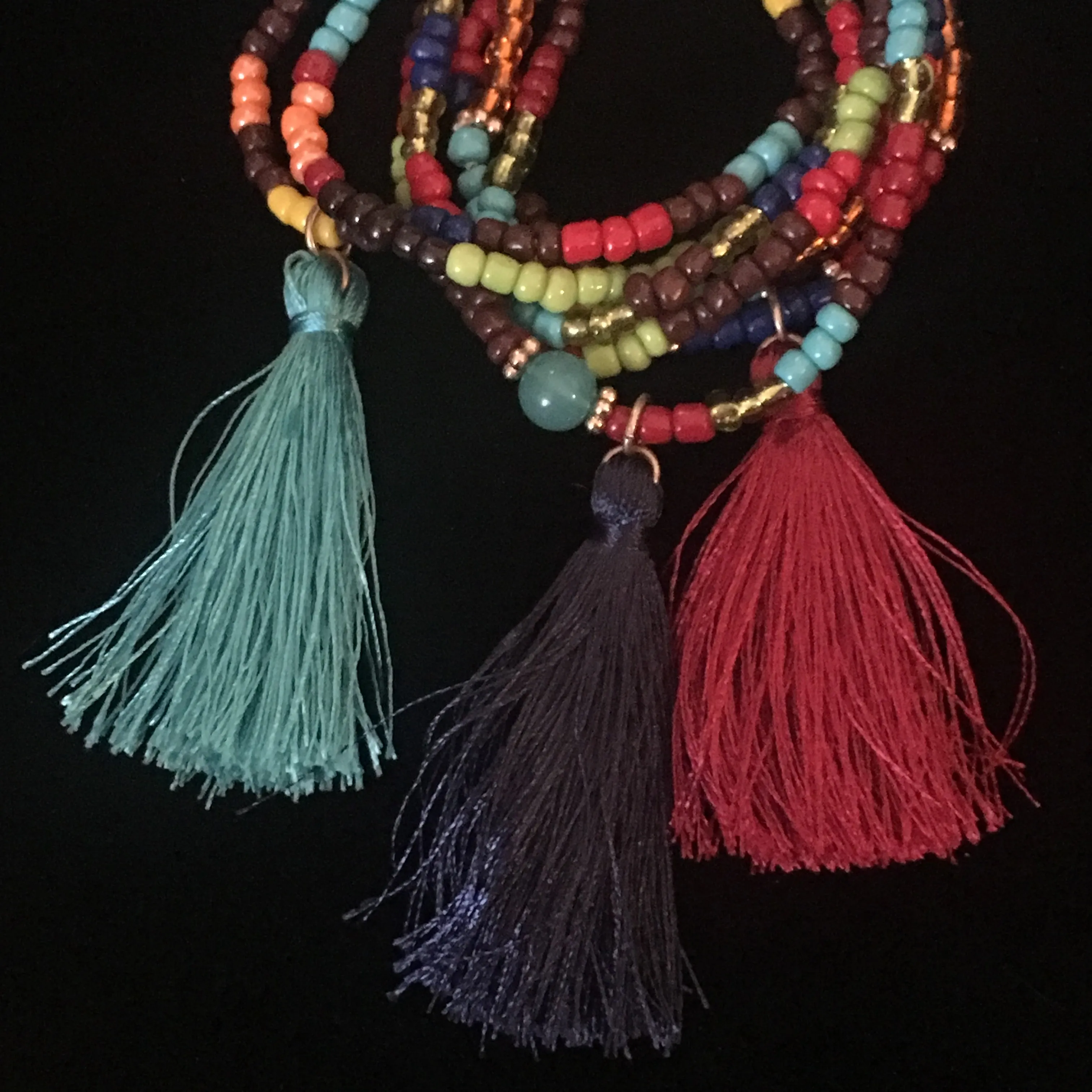 Multicolored Seed Bead & Tassels Stretch Bracelets