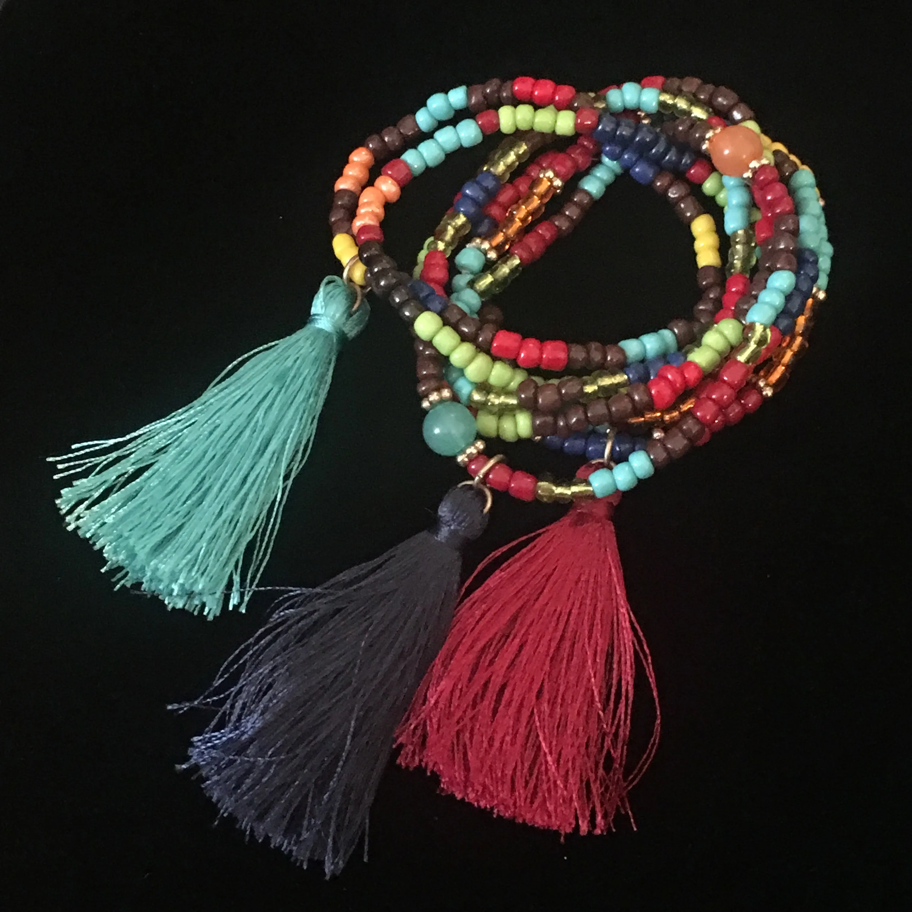 Multicolored Seed Bead & Tassels Stretch Bracelets