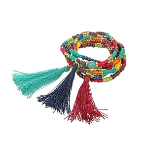Multicolored Seed Bead & Tassels Stretch Bracelets