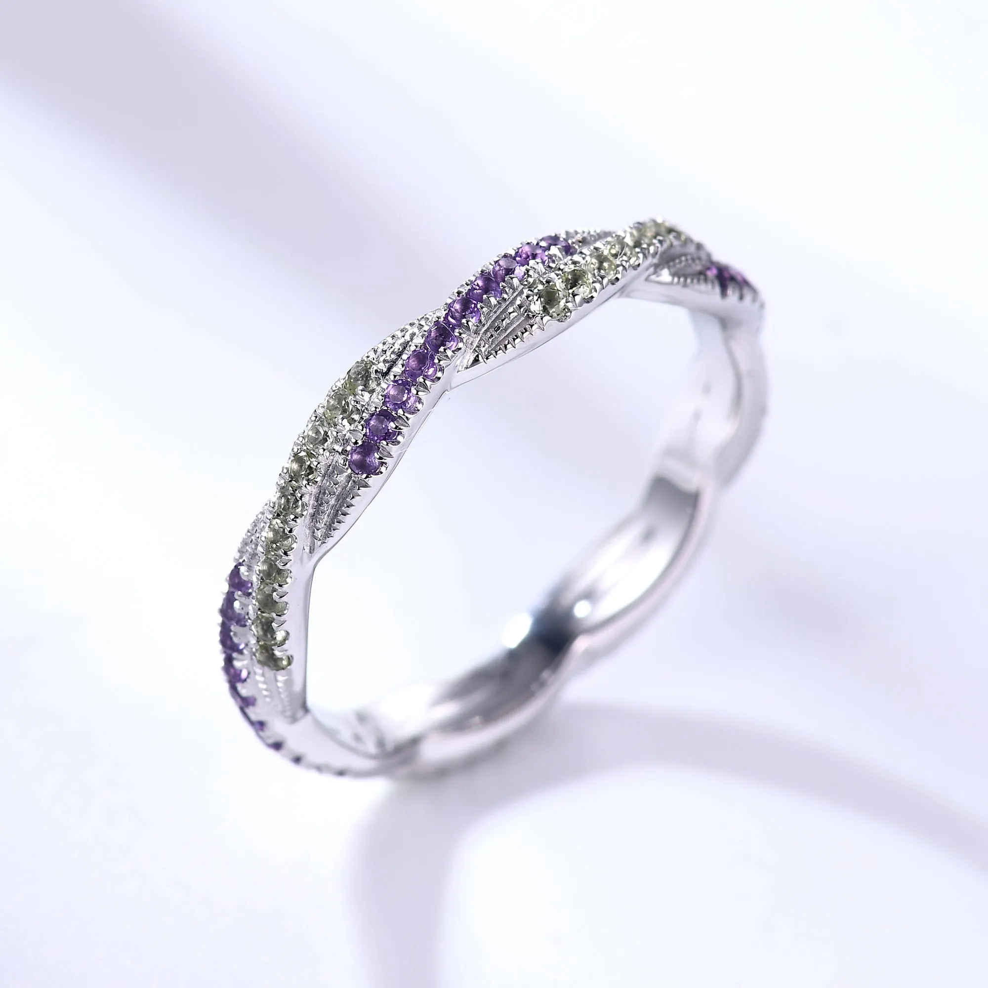 Natural Amethyst Peridot Twisted Double Row Wedding Band Crystal Full Eternity Ring