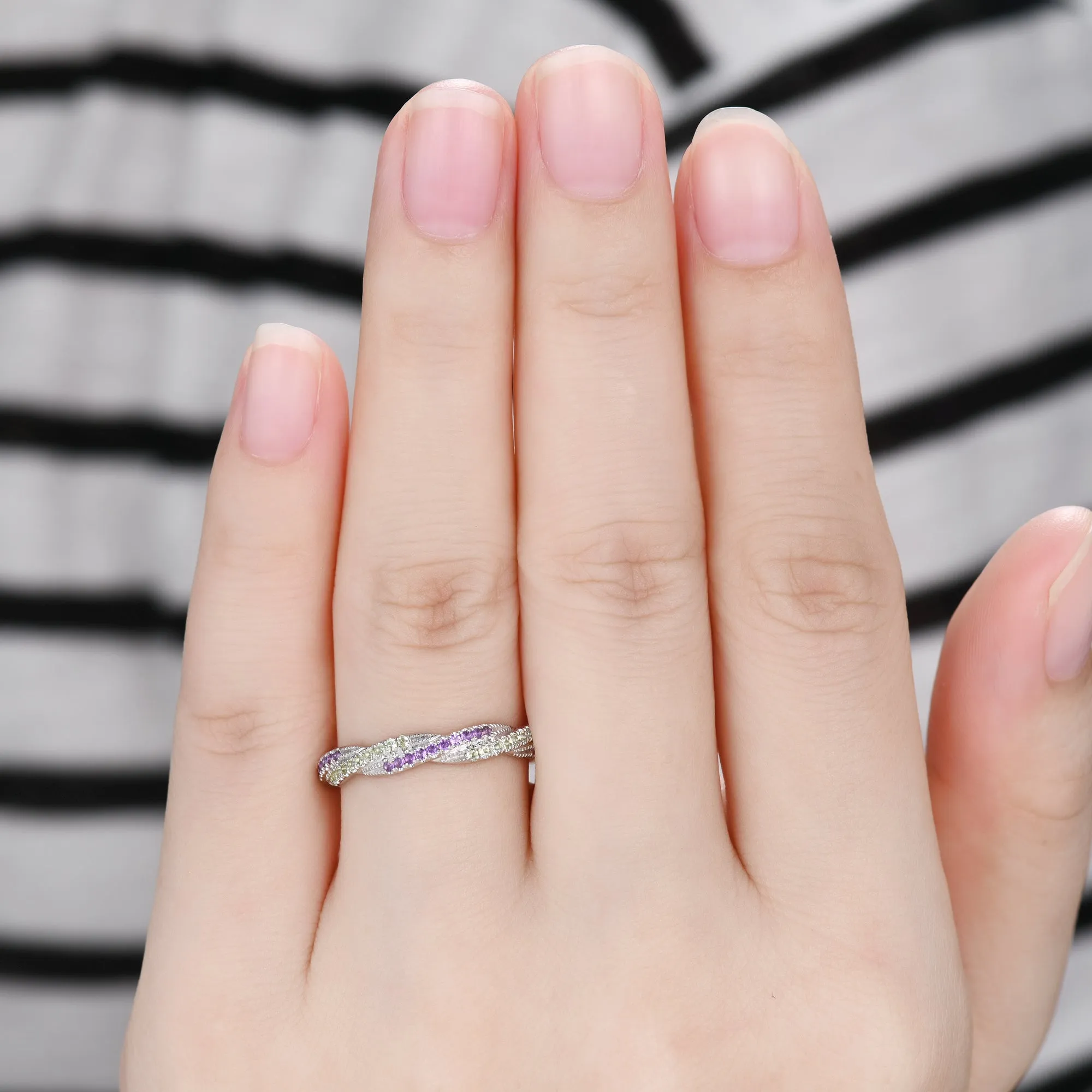 Natural Amethyst Peridot Twisted Double Row Wedding Band Crystal Full Eternity Ring