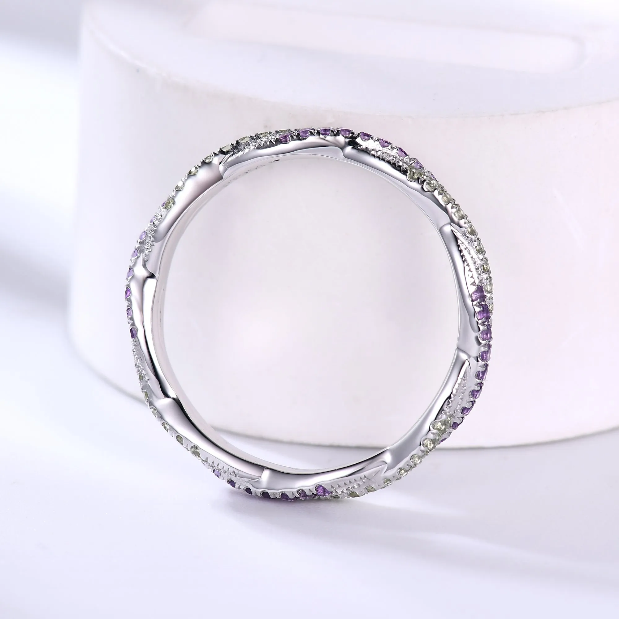 Natural Amethyst Peridot Twisted Double Row Wedding Band Crystal Full Eternity Ring