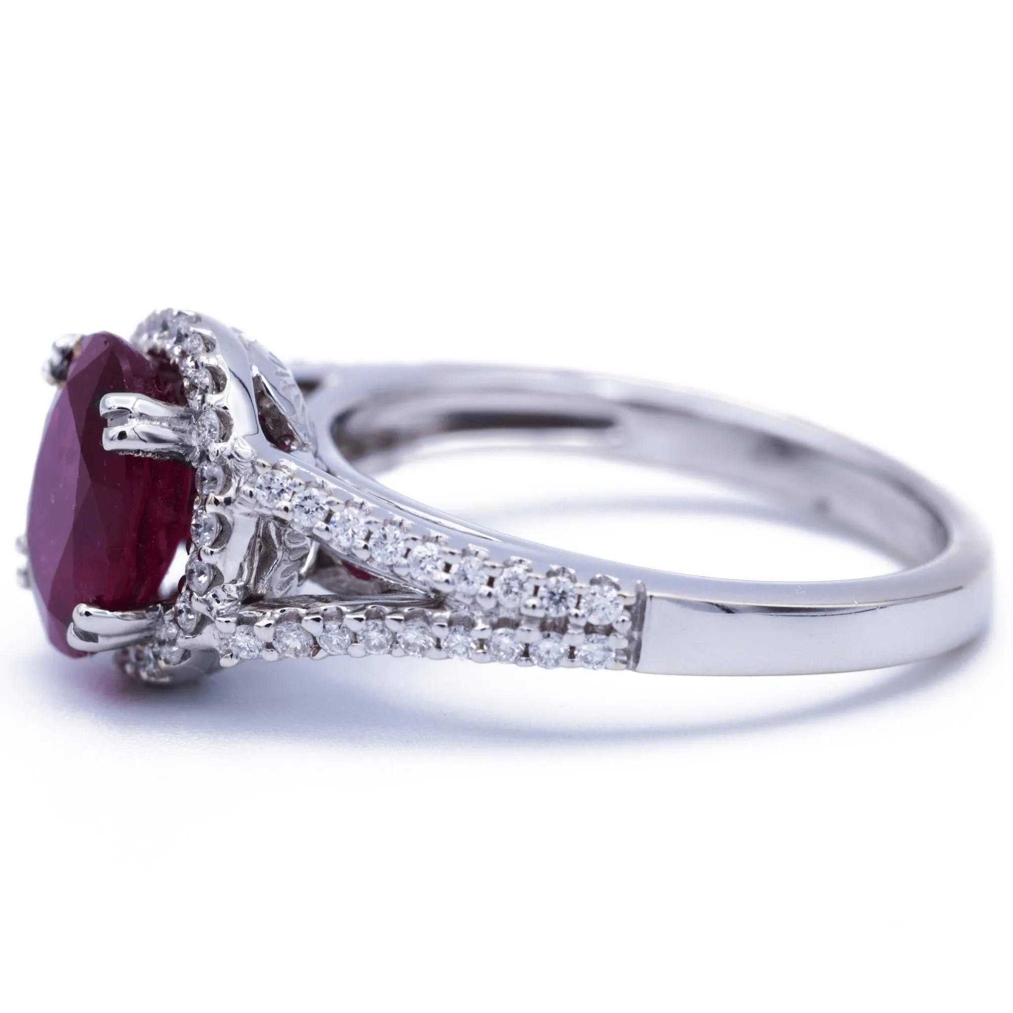 Natural Oval Ruby 14k Solid White Gold with Diamond Halo and Shoulders Heart Design 2.75 Carat Total Weight