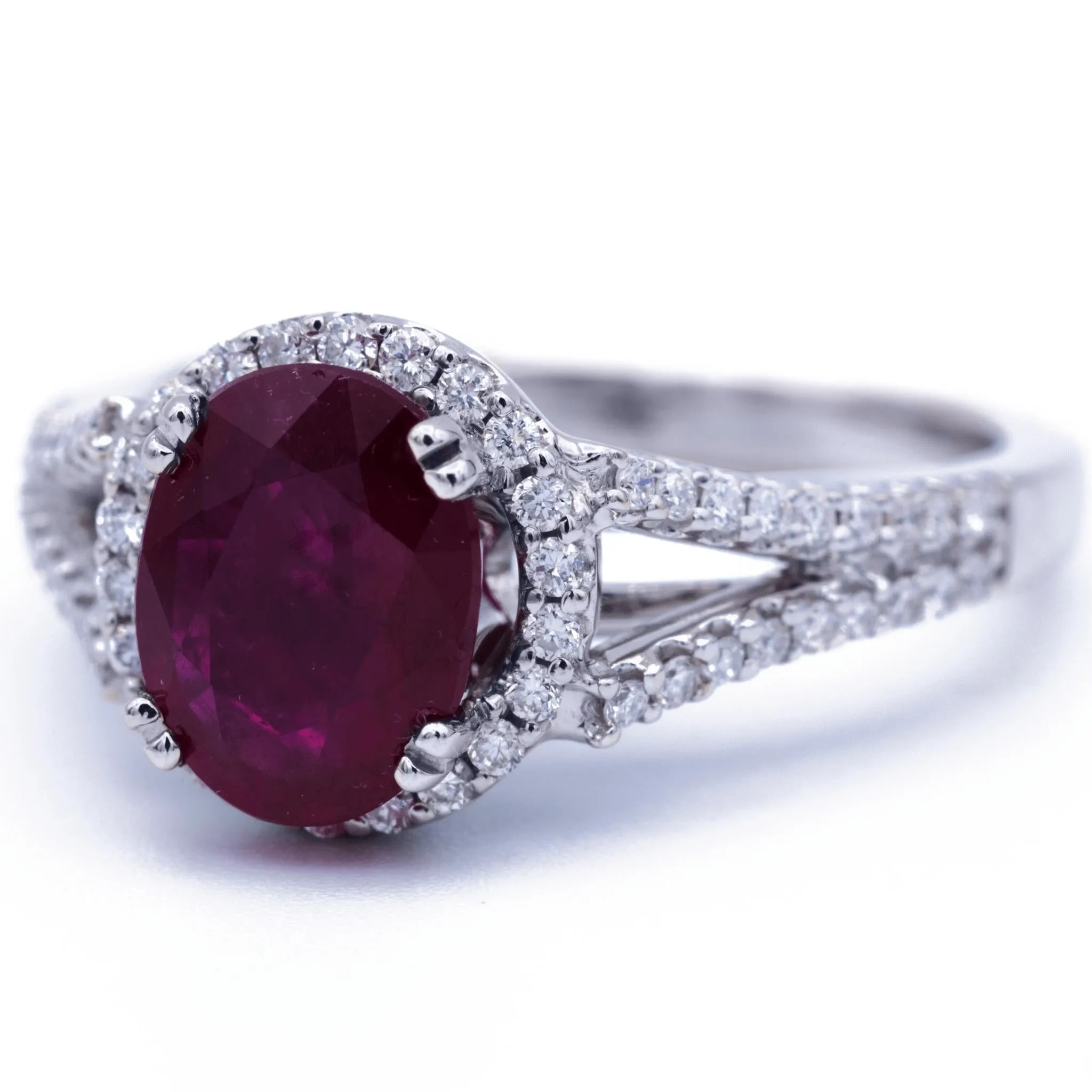 Natural Oval Ruby 14k Solid White Gold with Diamond Halo and Shoulders Heart Design 2.75 Carat Total Weight