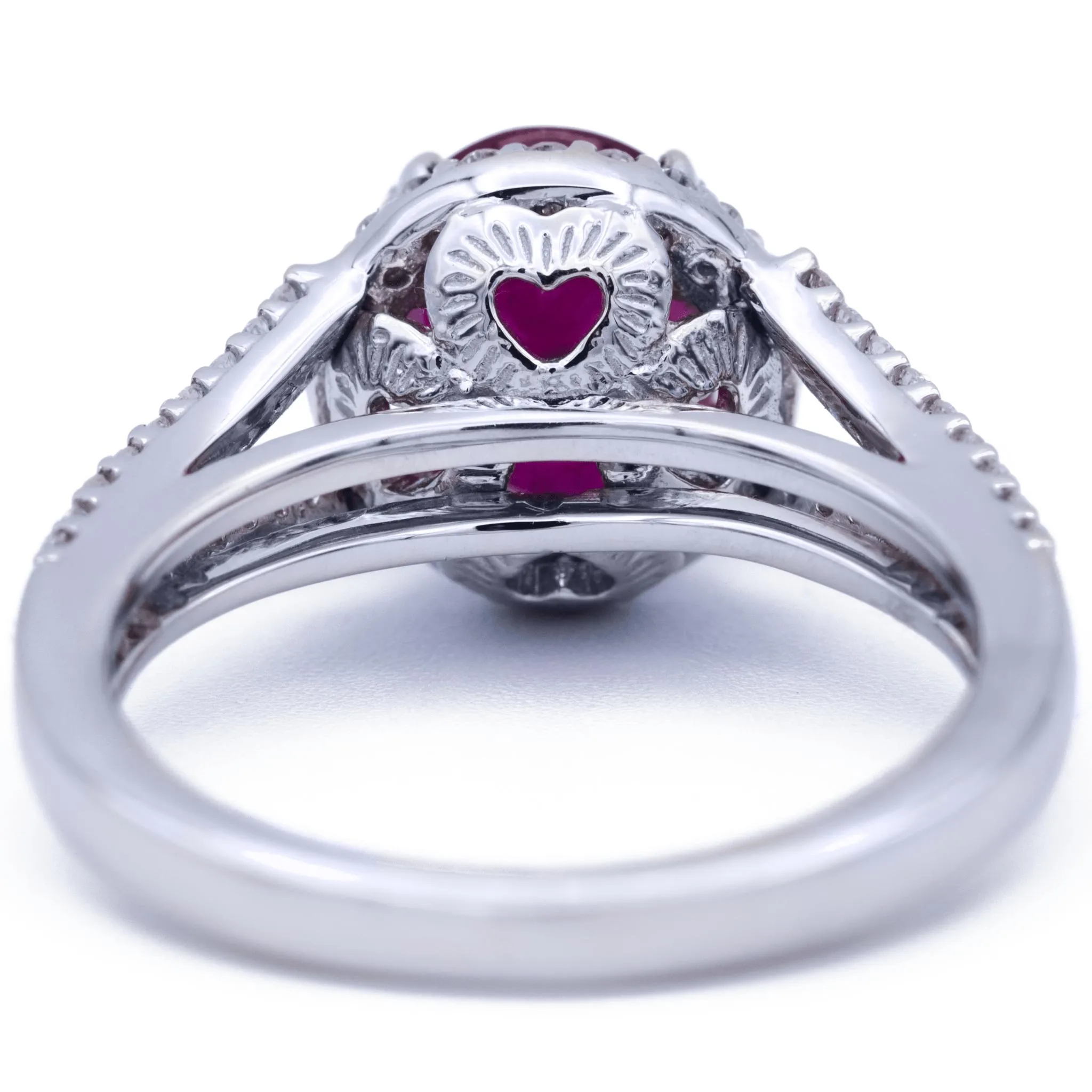 Natural Oval Ruby 14k Solid White Gold with Diamond Halo and Shoulders Heart Design 2.75 Carat Total Weight