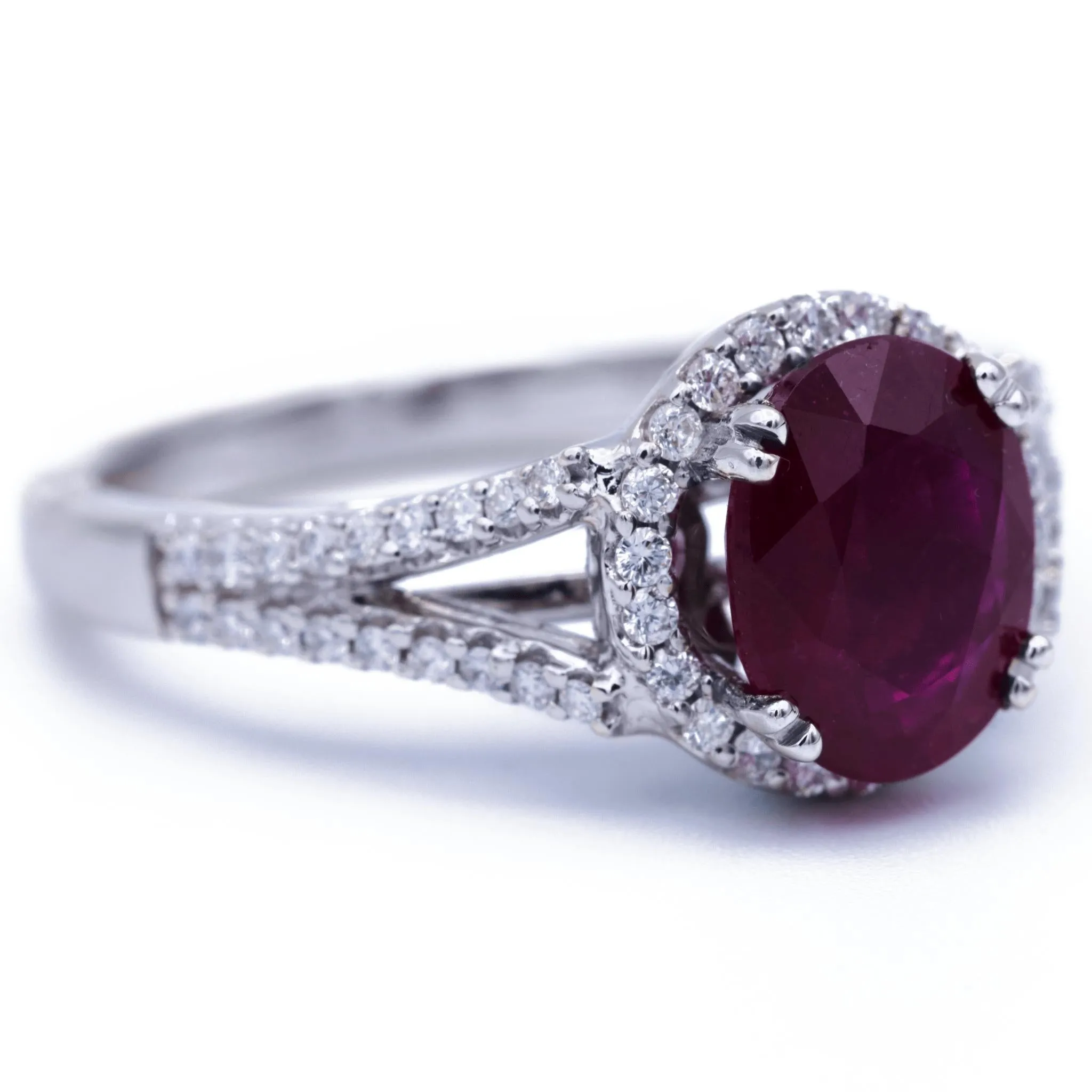 Natural Oval Ruby 14k Solid White Gold with Diamond Halo and Shoulders Heart Design 2.75 Carat Total Weight