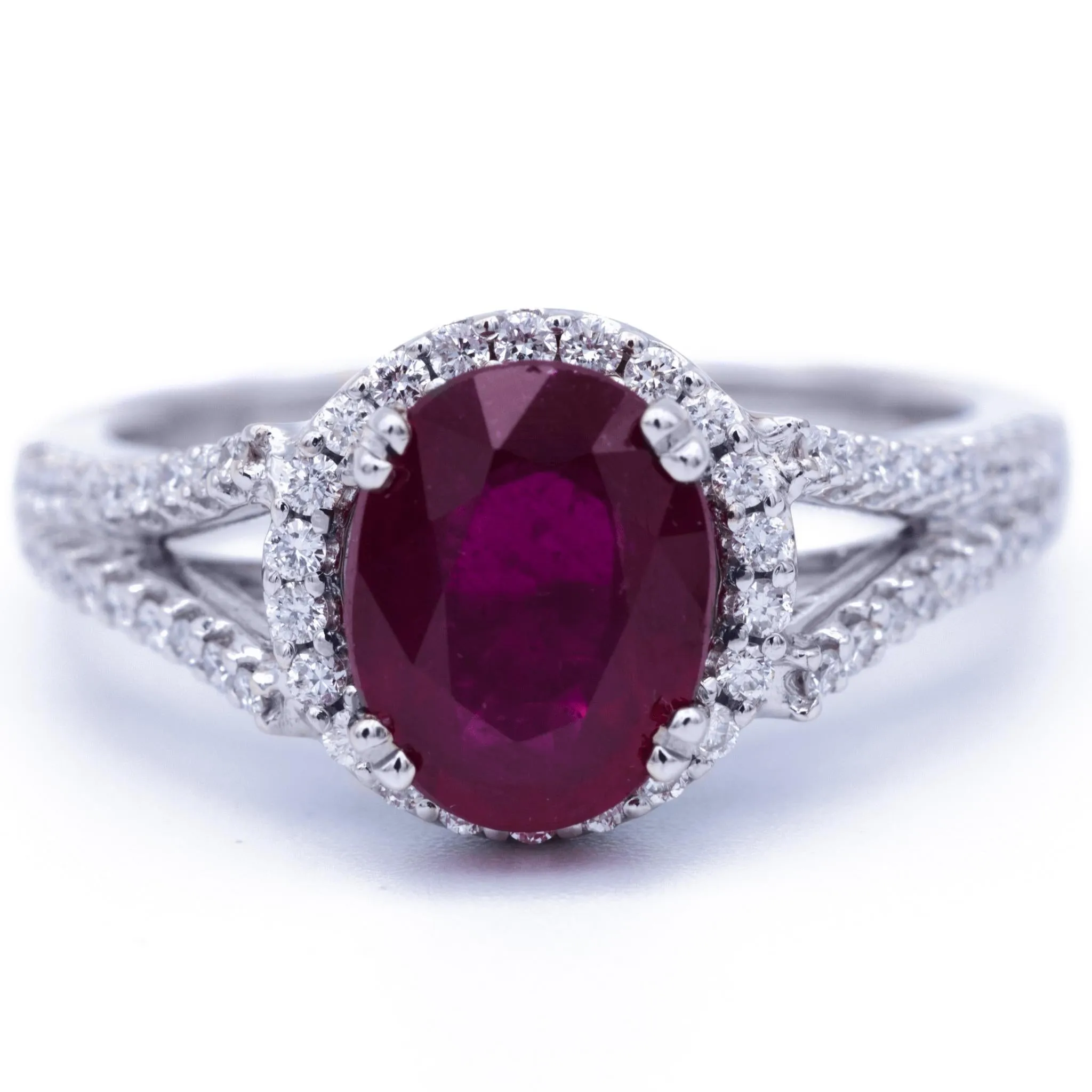 Natural Oval Ruby 14k Solid White Gold with Diamond Halo and Shoulders Heart Design 2.75 Carat Total Weight