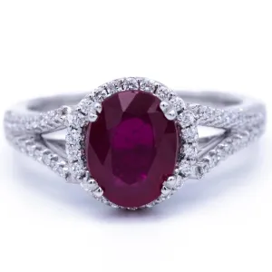 Natural Oval Ruby 14k Solid White Gold with Diamond Halo and Shoulders Heart Design 2.75 Carat Total Weight