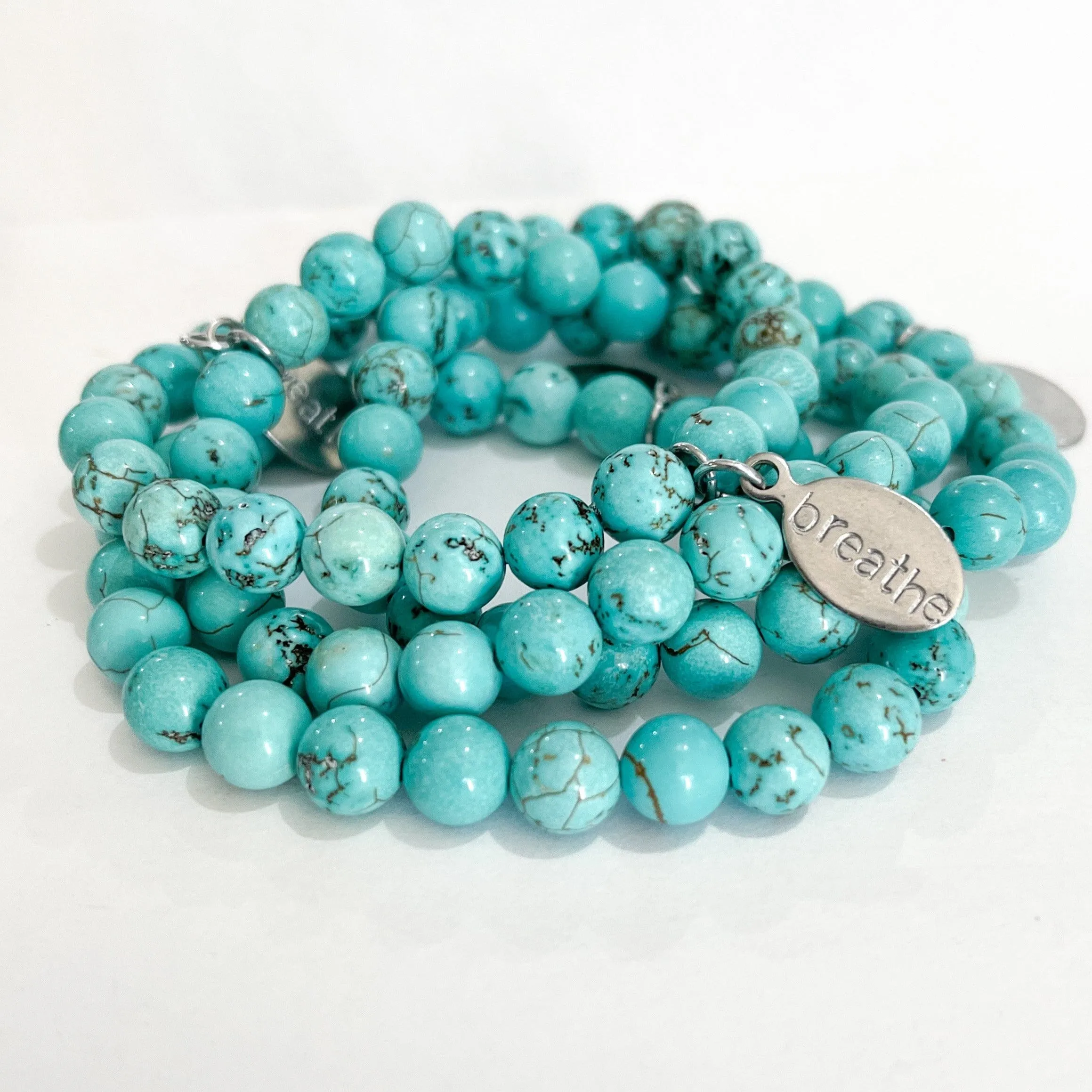 Natural Smooth Turquoise Blue Bead Bracelet | Breathe Charm | 8mm | Natural Gemstone | Womens