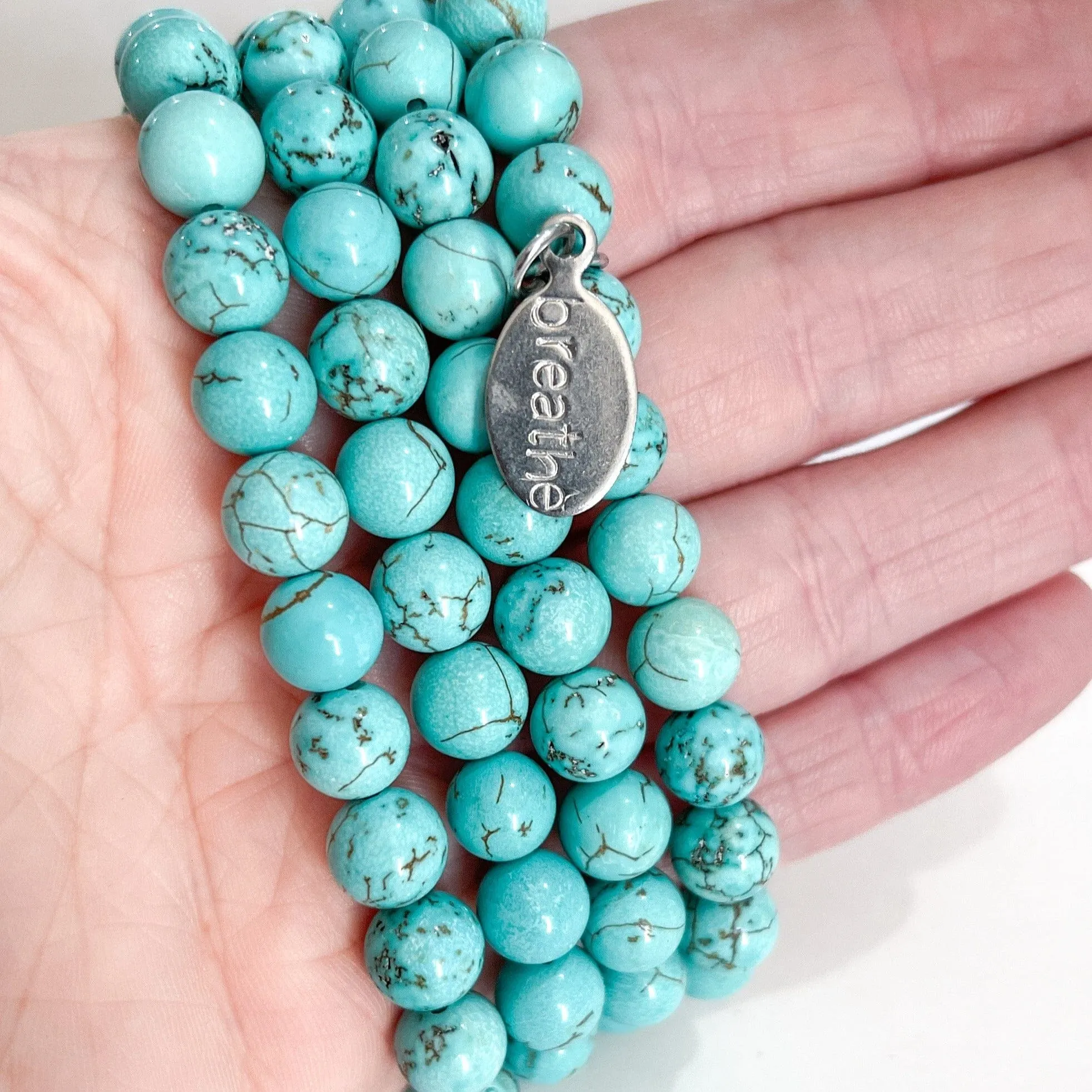 Natural Smooth Turquoise Blue Bead Bracelet | Breathe Charm | 8mm | Natural Gemstone | Womens