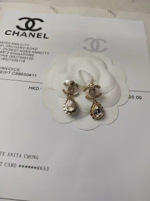new double C white diamond gold drop earrings