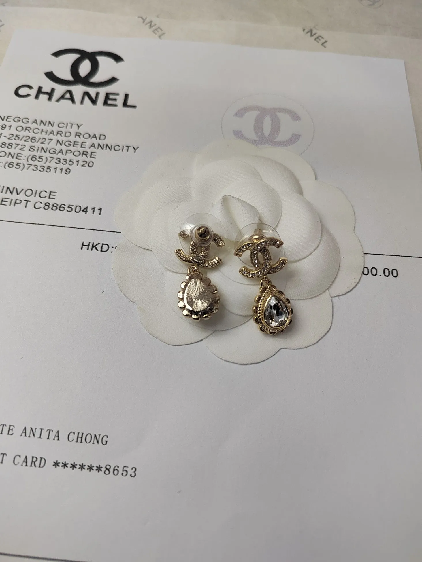 new double C white diamond gold drop earrings