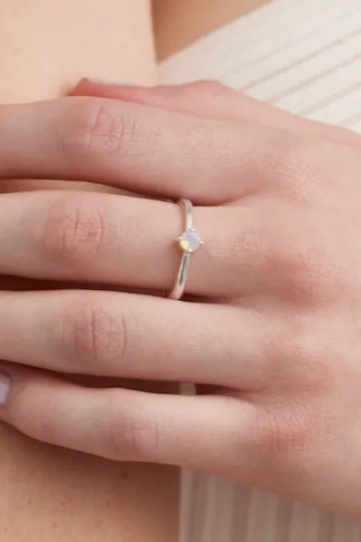 October Opal Silver Birthstone Ring