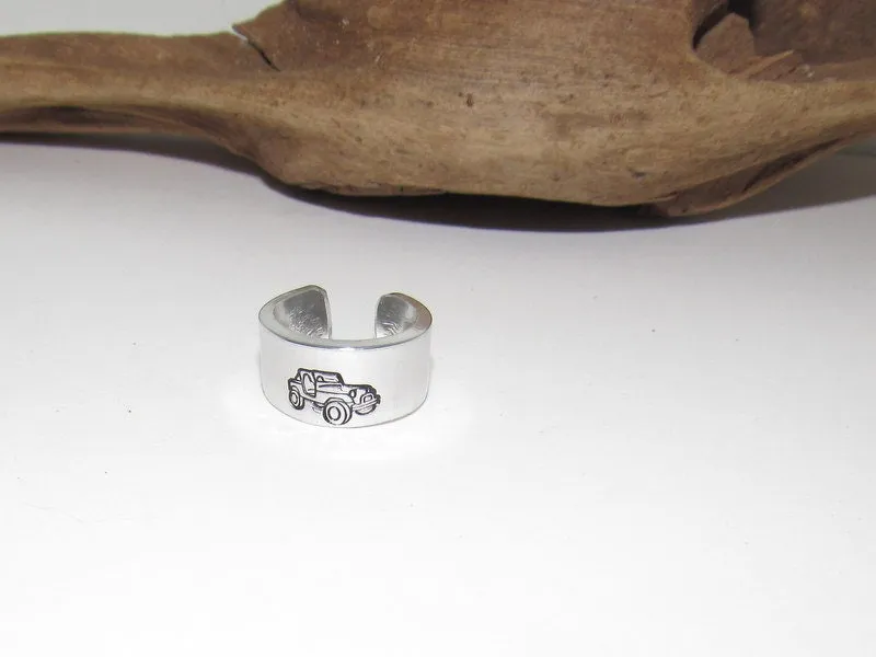 Off road truck ring, rock climber ring, Personalized Adjustable stamped ring,  stamped jeep jewelry, boho ring