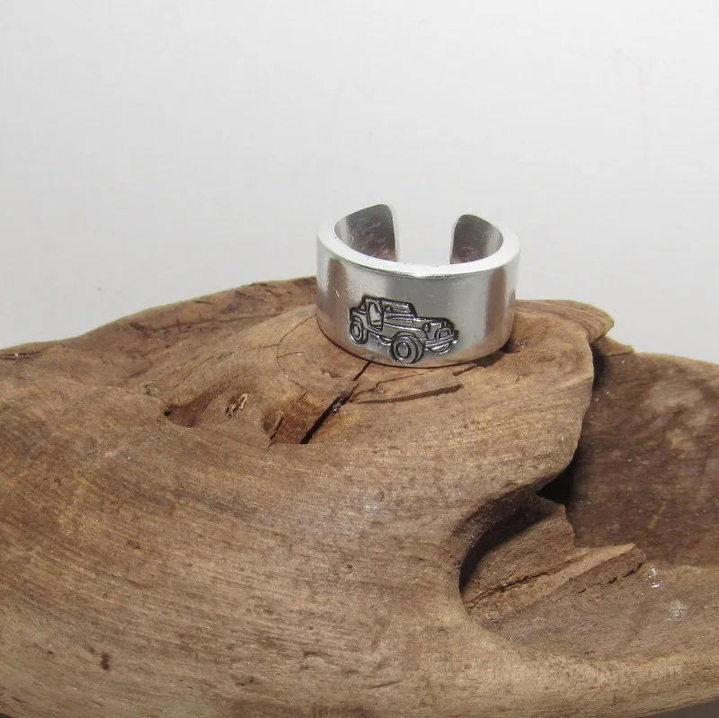 Off road truck ring, rock climber ring, Personalized Adjustable stamped ring,  stamped jeep jewelry, boho ring