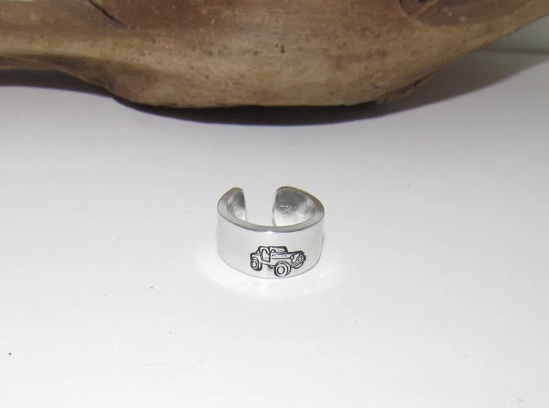 Off road truck ring, rock climber ring, Personalized Adjustable stamped ring,  stamped jeep jewelry, boho ring