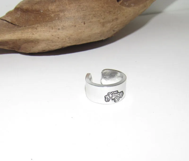 Off road truck ring, rock climber ring, Personalized Adjustable stamped ring,  stamped jeep jewelry, boho ring