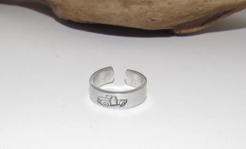 Old truck ring, little red truck ring, Personalized Adjustable stamped ring, truck lover stamped jewelry, boho ring