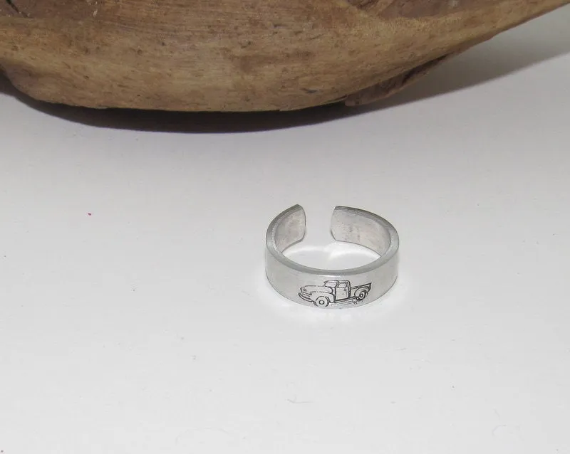 Old truck ring, little red truck ring, Personalized Adjustable stamped ring, truck lover stamped jewelry, boho ring