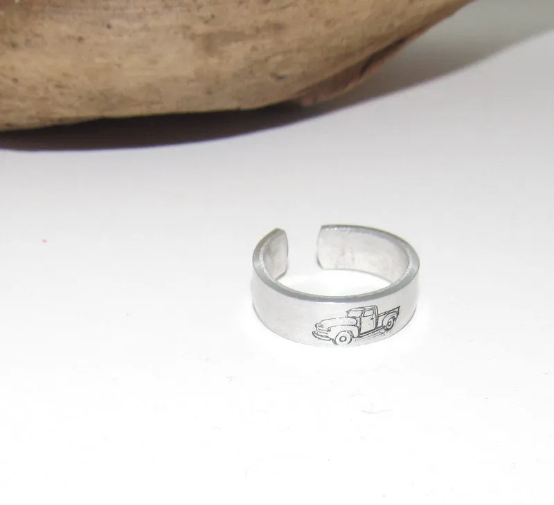 Old truck ring, little red truck ring, Personalized Adjustable stamped ring, truck lover stamped jewelry, boho ring