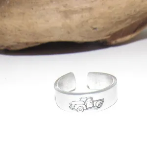 Old truck ring, little red truck ring, Personalized Adjustable stamped ring, truck lover stamped jewelry, boho ring