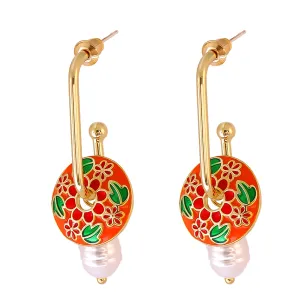 Orange Enamel & Pearl 18K Gold-Plated Botany Drop Earrings