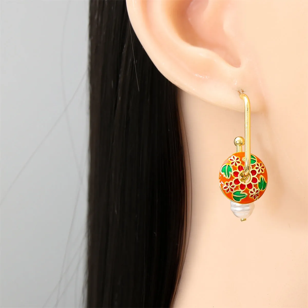 Orange Enamel & Pearl 18K Gold-Plated Botany Drop Earrings