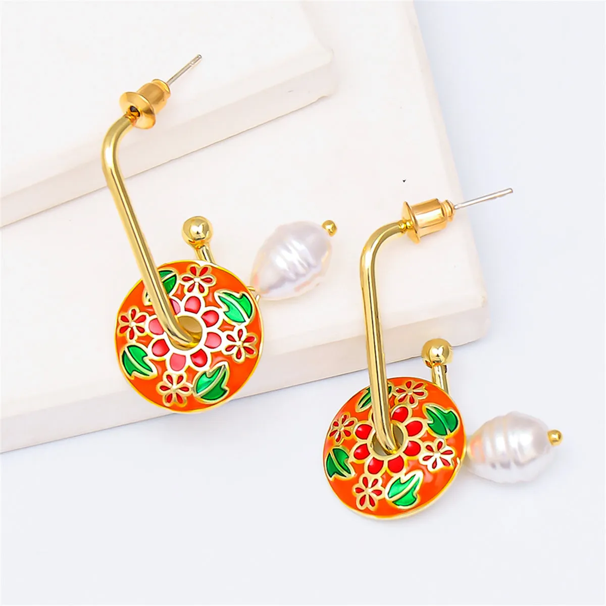 Orange Enamel & Pearl 18K Gold-Plated Botany Drop Earrings