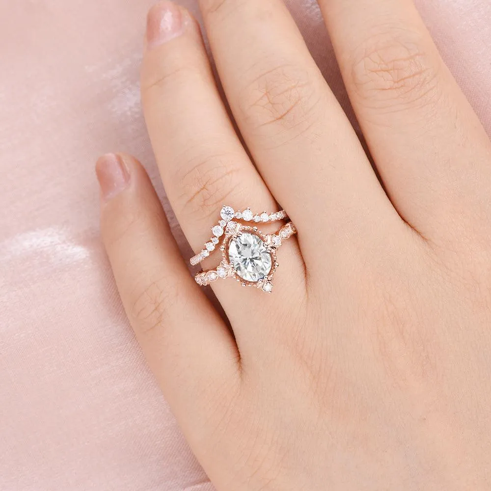 Oval Cut Moissanite Art Deco Ring Set 2pcs