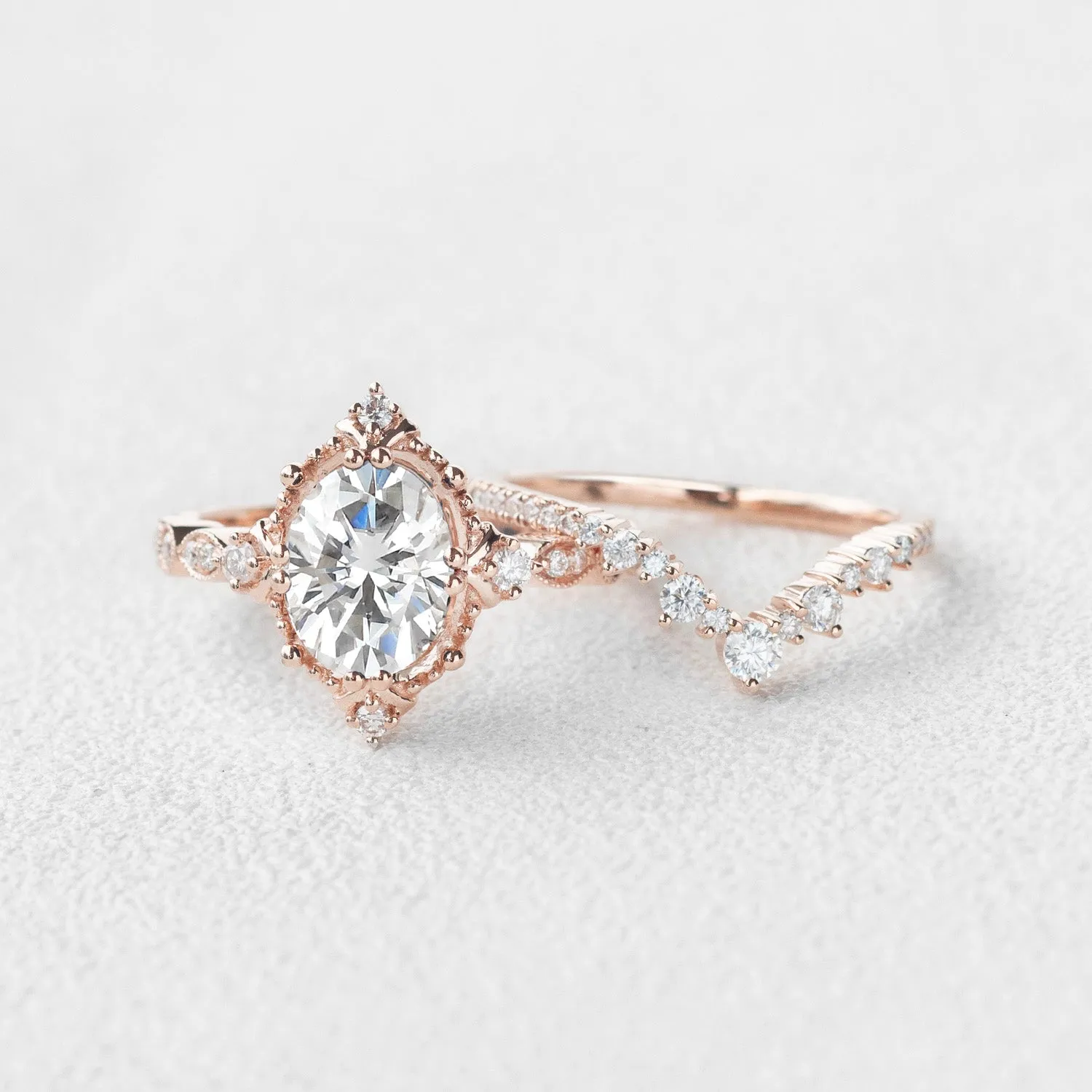 Oval Cut Moissanite Art Deco Ring Set 2pcs