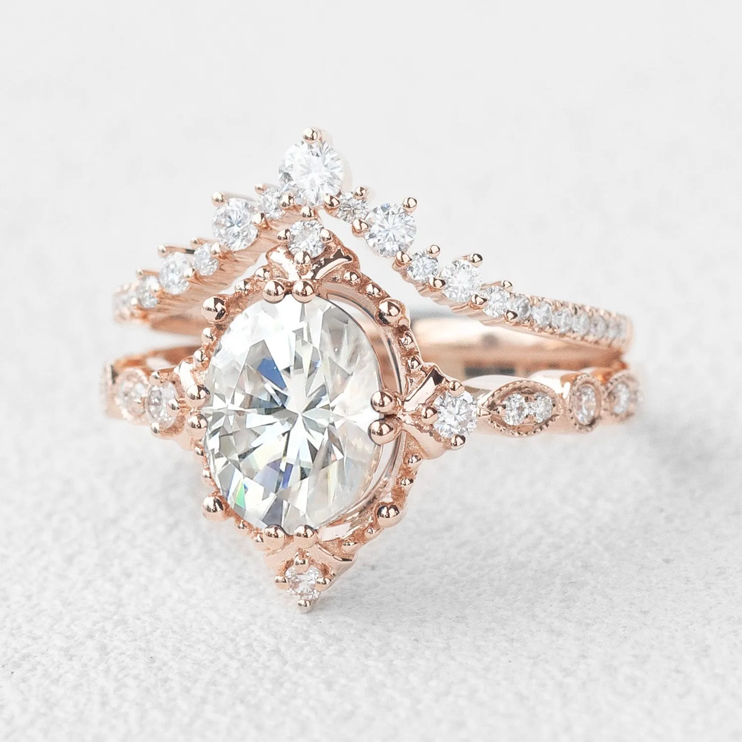 Oval Cut Moissanite Art Deco Ring Set 2pcs