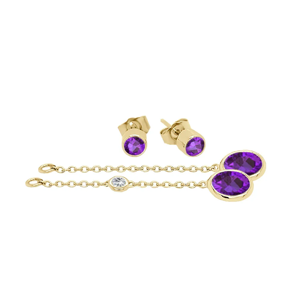 Oval Shape Gemstone & 0.04Ct Diamond Mismatched Earring Set in 14K Gold
