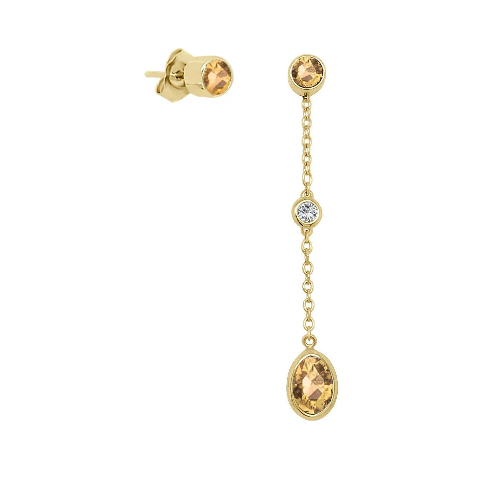 Oval Shape Gemstone & 0.04Ct Diamond Mismatched Earring Set in 14K Gold
