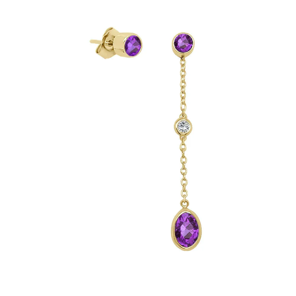 Oval Shape Gemstone & 0.04Ct Diamond Mismatched Earring Set in 14K Gold