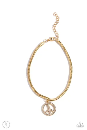 Pampered Peacemaker - Gold - White Rhinestone Encrusted Peace Sign Paparazzi Anklet
