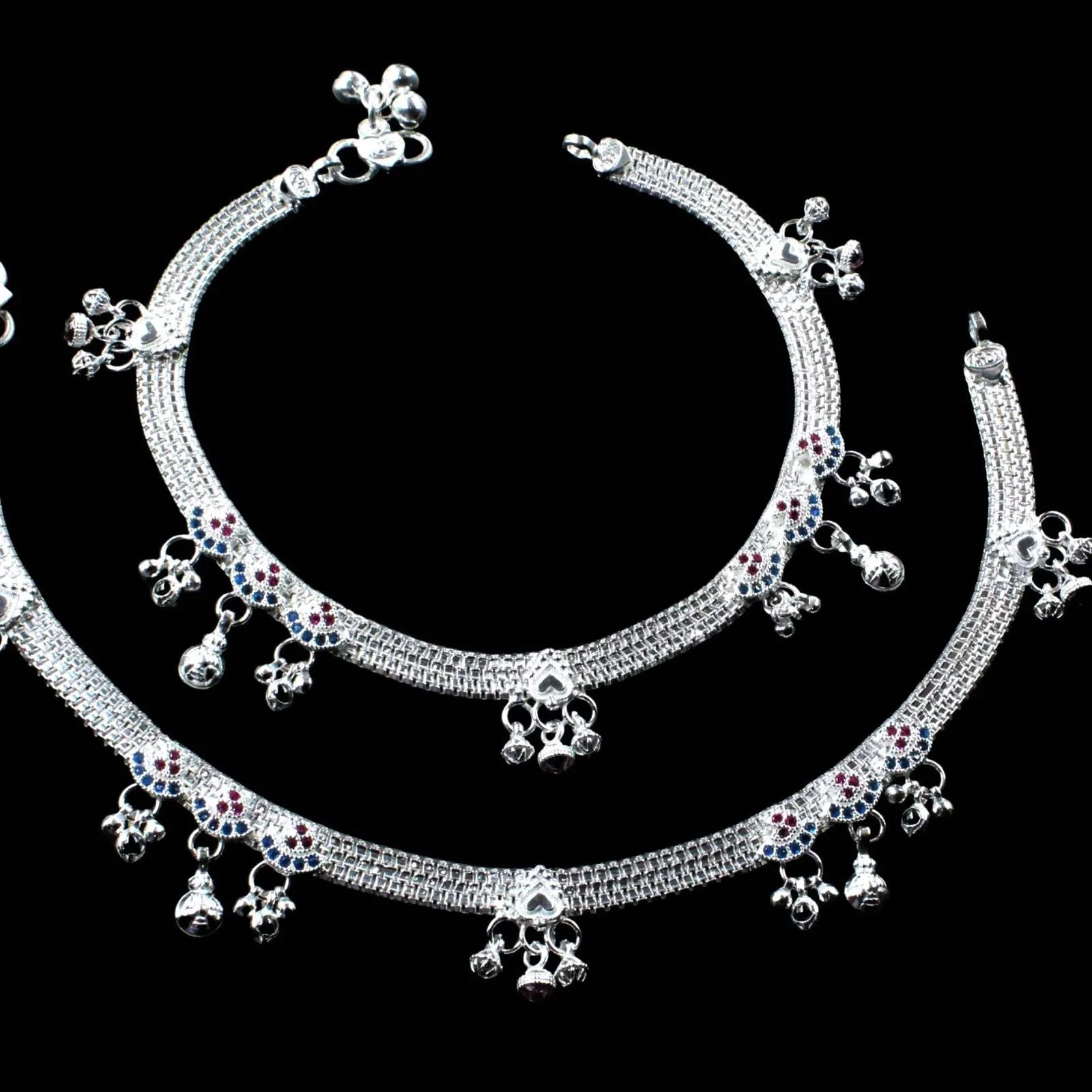 Party Wear Real Sterling Silver Indian Women CZ Anklets Ankle Pair 10.3"