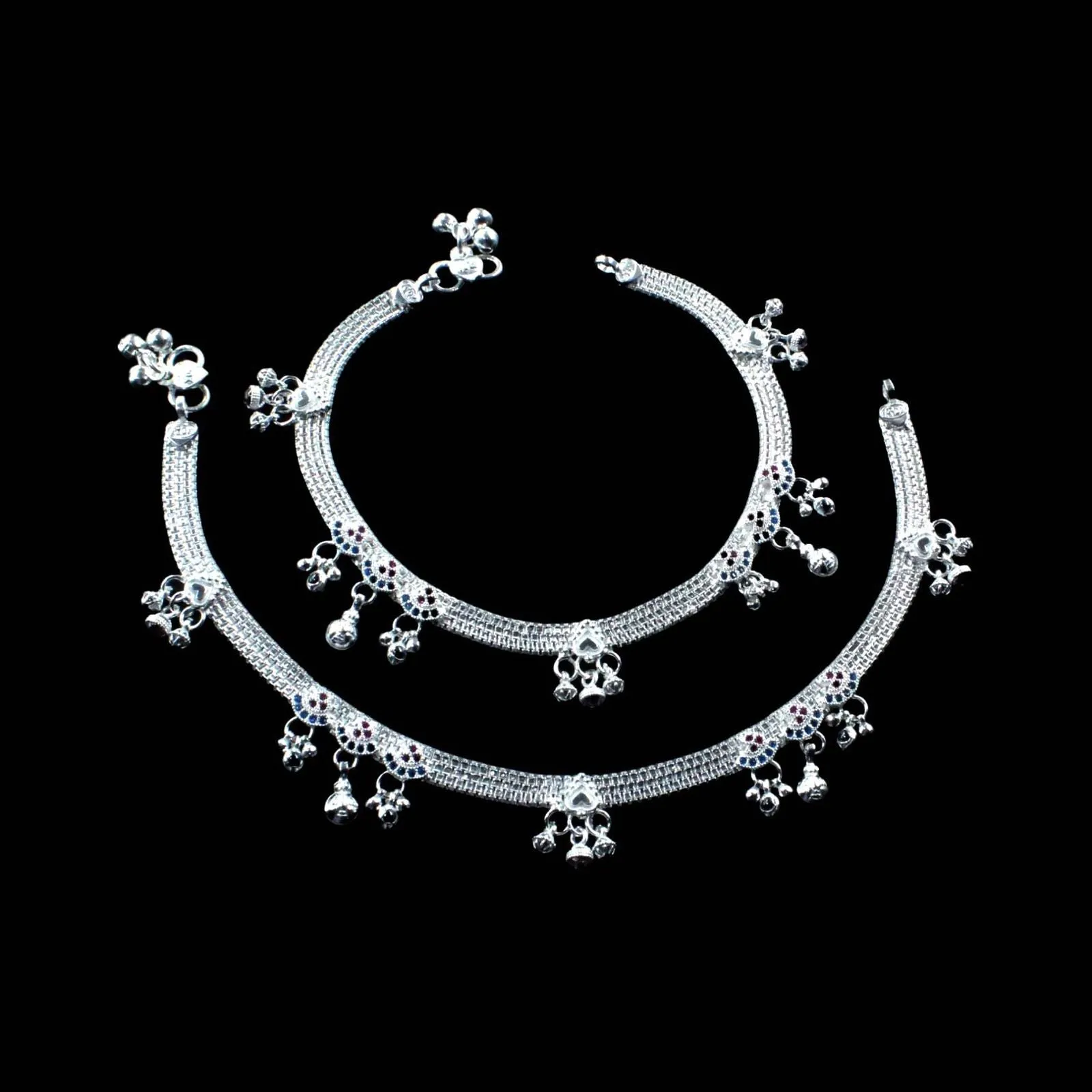 Party Wear Real Sterling Silver Indian Women CZ Anklets Ankle Pair 10.3"