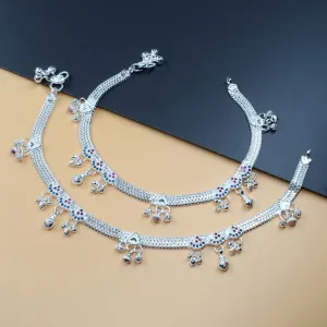 Party Wear Real Sterling Silver Indian Women CZ Anklets Ankle Pair 10.3"