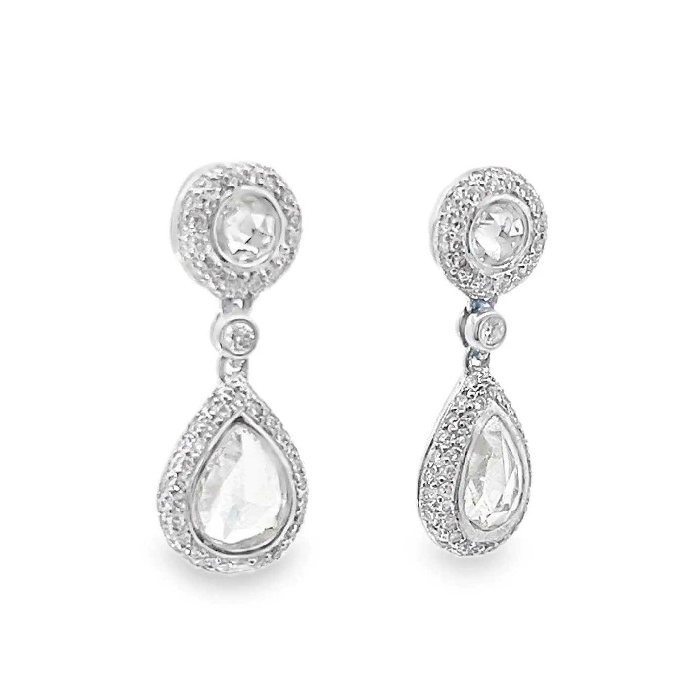 Pave Diamond Rose Cut Pear Drop Earrings