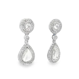 Pave Diamond Rose Cut Pear Drop Earrings