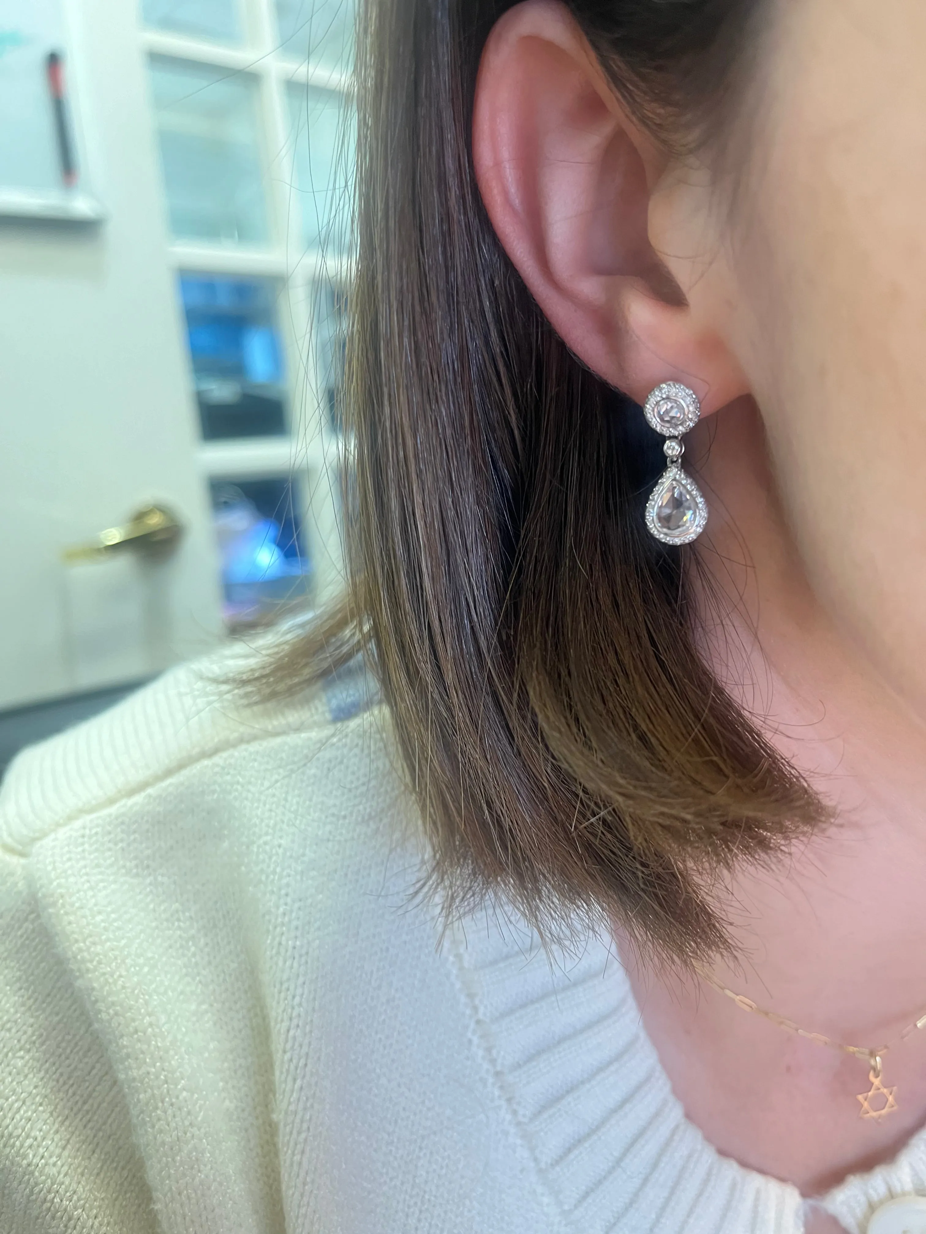 Pave Diamond Rose Cut Pear Drop Earrings